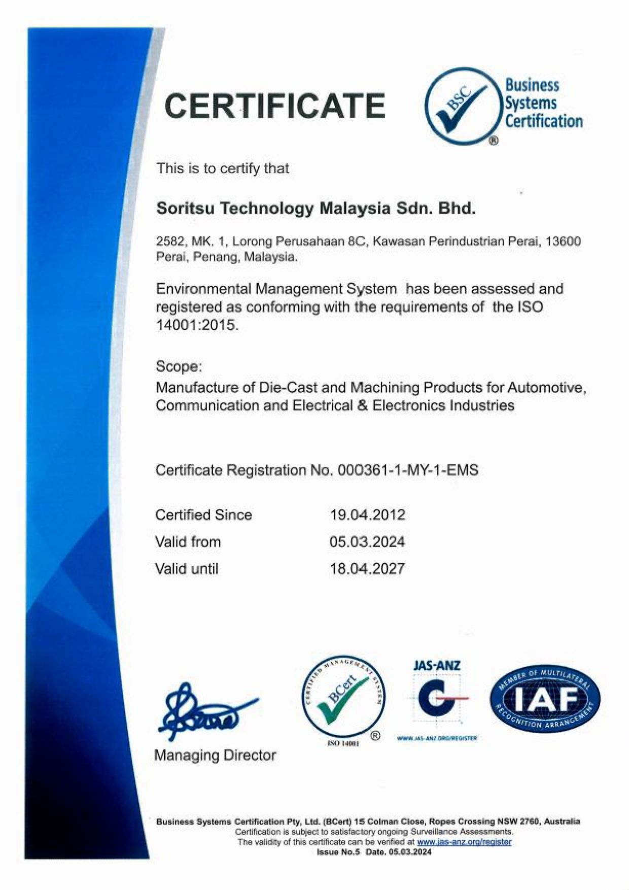 ISO 14001:2015 certification for Soritsu Technology Malaysia Sdn. Bhd.