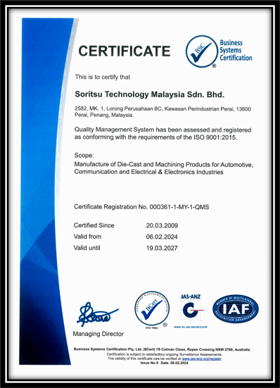 ISO 9001:2015 certification for Soritsu Technology Malaysia Sdn. Bhd.